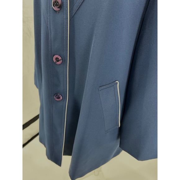 Classic Navy Blue Gray Trim Button Front Women's Trench Coat Jacket Made in USA - Picture 7 of 15